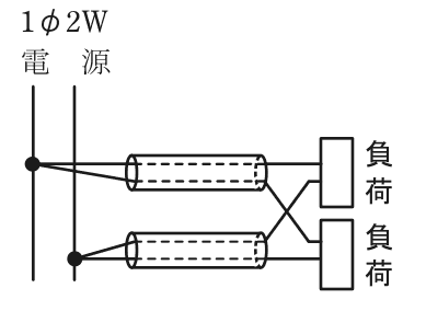 1φ2W電源から金属管2本で配線した図。上の金属管には一方の電線から分けた2線,下の金属管には他方の電線から分けた2線を通し,管を出た後に交差させて2つの負荷にそれぞれ1線ずつ接続している