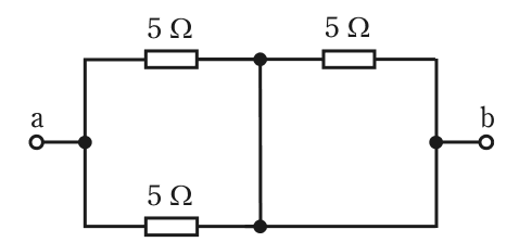 端子aとbの間の回路。a側の分岐点から上の枝に5Ωの抵抗,下の枝に5Ωの抵抗があり,両枝の右端は中央の縦の導線で結ばれる。中央の縦の導線の上端から5Ωの抵抗を通って右の縦線の上端へ,中央の縦の導線の下端から抵抗のない導線で右の縦線の下端へつながり,右の縦線の途中にb端子がある